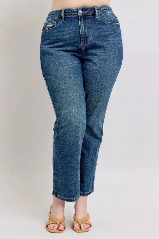 High-Waist Cropped Distressed Washed Straight Leg Jeans