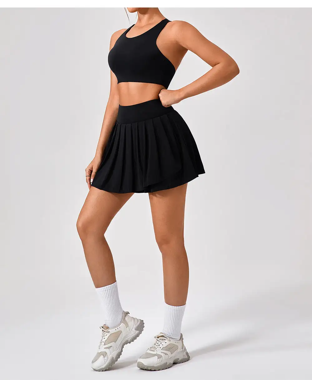 Backless Sleeveless Jacket, Bra and Skort Active Set