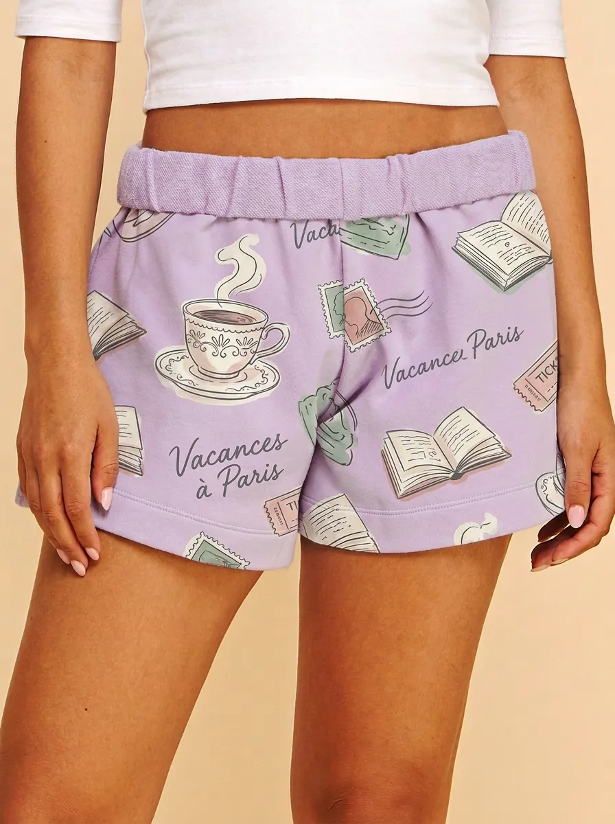 Women's Paris Vacation Coffee Book Stamp Printed Shorts