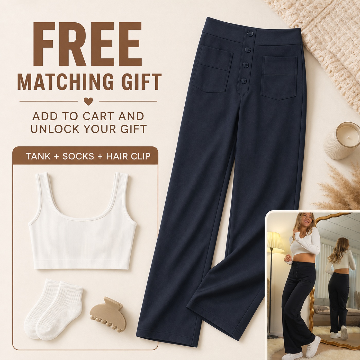 Free matching gift styled with high waisted straight leg pants