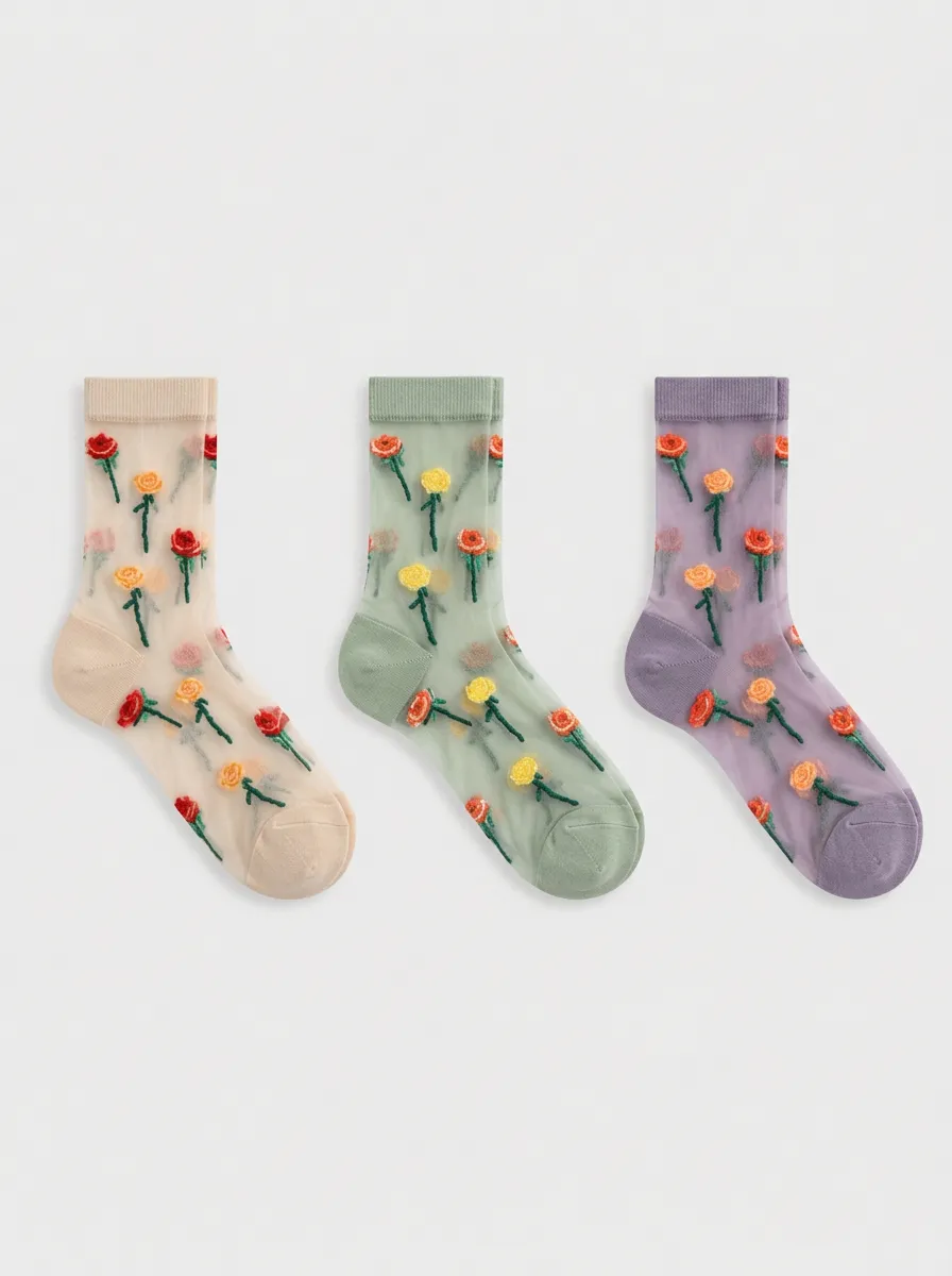 Women's Floral Embroidered Sheer Crew Rose Socks 3-Pack