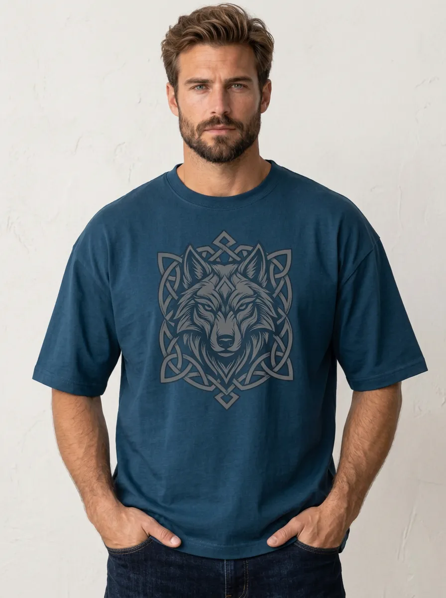 Men's Wolf Drop-Shoulder Crew-Neck Short-Sleeve Chest-Sleeve Geometric T-Shirt