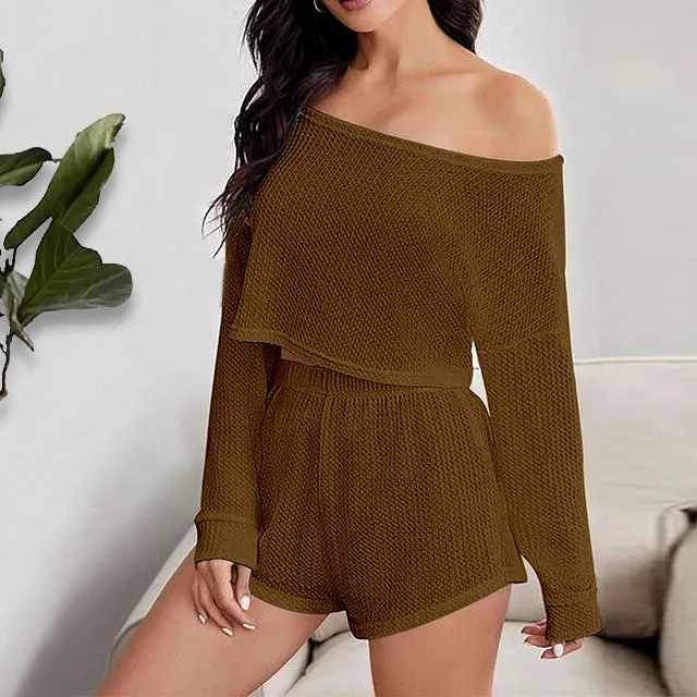 Off the Shoulder Long Sleeve Crop Top and Shorts Pajama Set