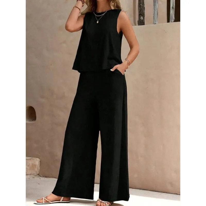 Solid Color Sleeveless Tank Top & Wide-leg Pants Set