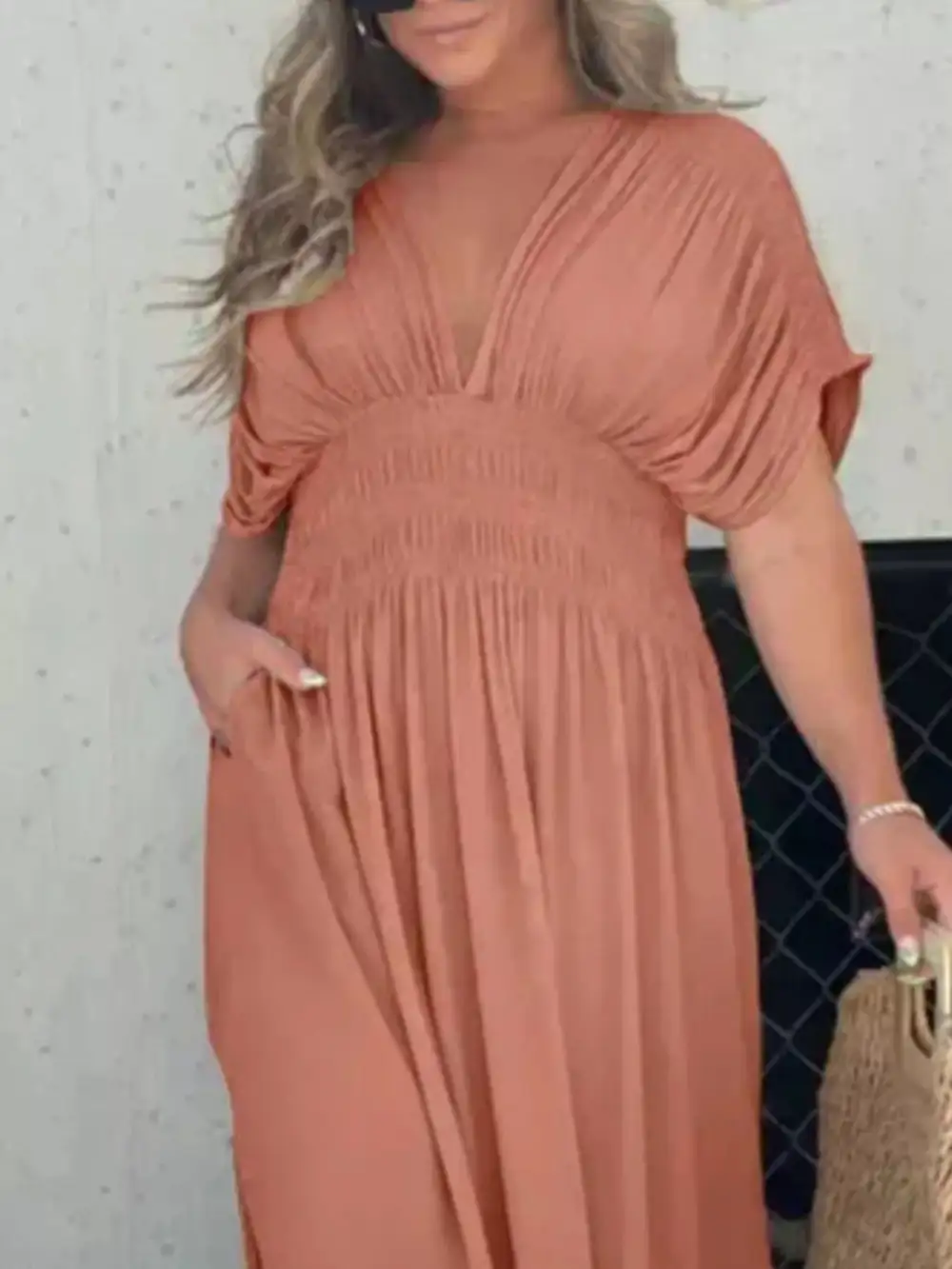 V Neck Smocked Slit Maxi Dress