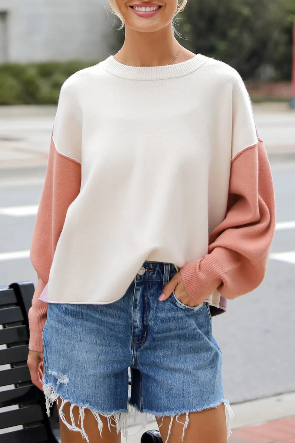 Complete Sophisticate Cream Color Block Sweater