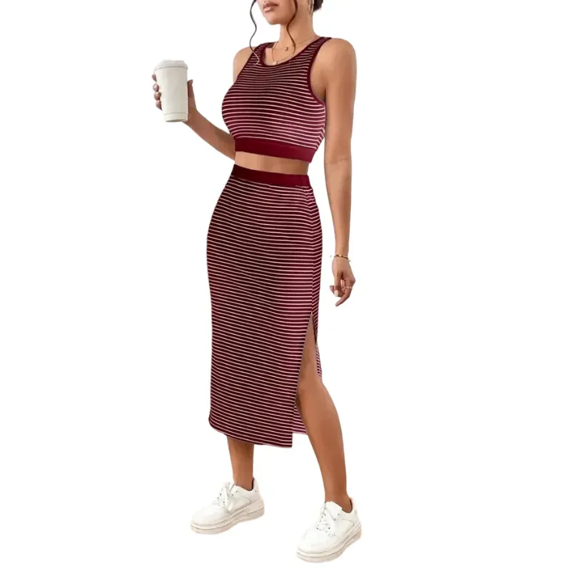 Women's Striped Print Crop Top & Skirt Two-Piece Set