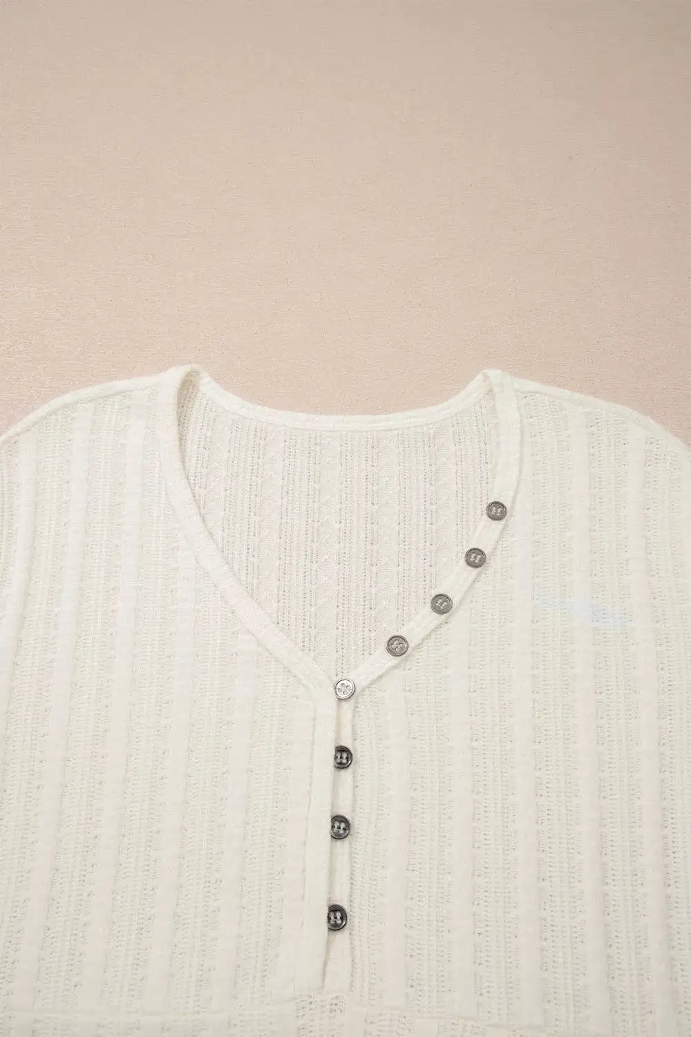 Ribbed Knit Button Detail V Neck T