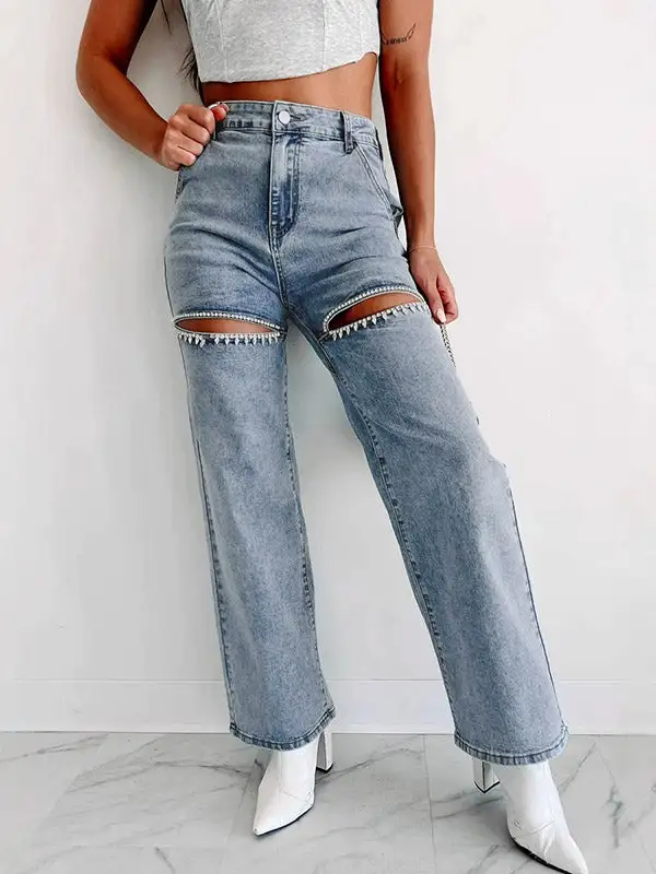 Distressed High Waist Straight Leg Seamed Rhinestone Jeans