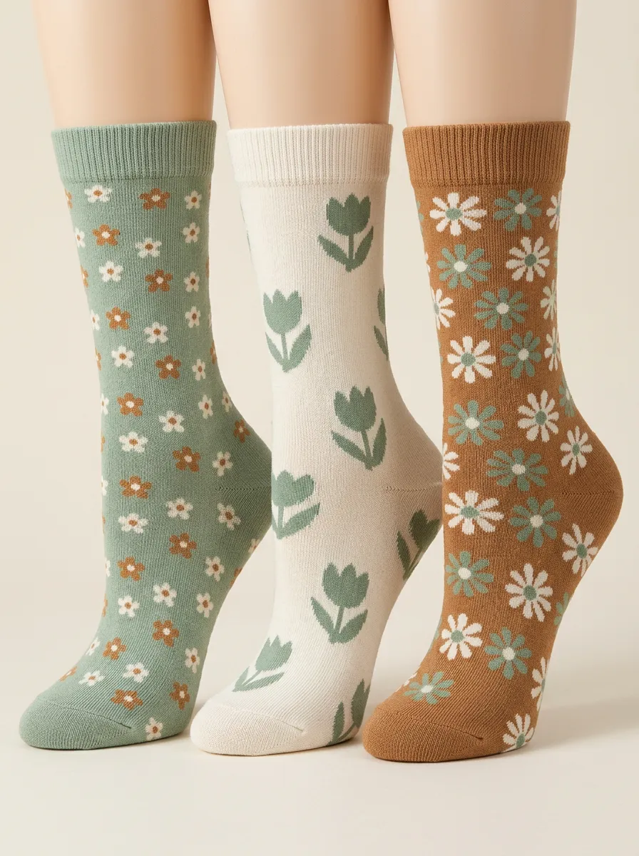 Graphic Daisy Tulip Floral Three Pair Sock Set