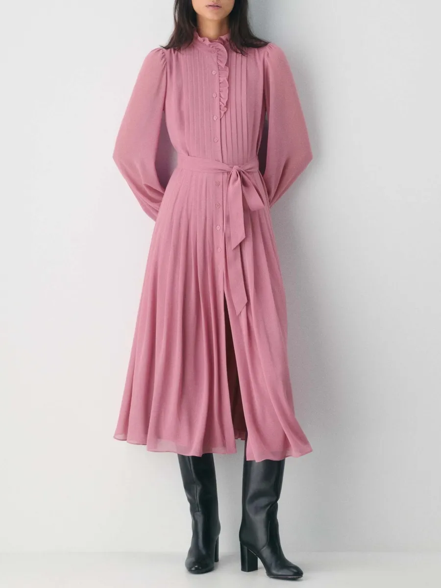 Tied Pleated Button Up Dress
