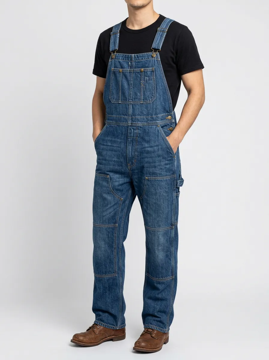 Men's Vintage Blue Denim Relaxed Workwear Bib Overalls