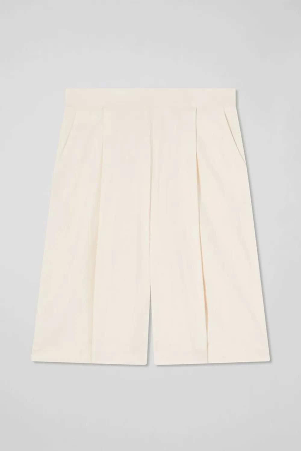 Beige Pleated Knee Length Shorts