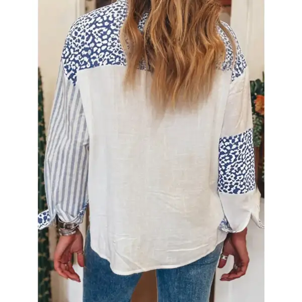 Striped Patchwork Button Down Shirt with Leopard Print Details