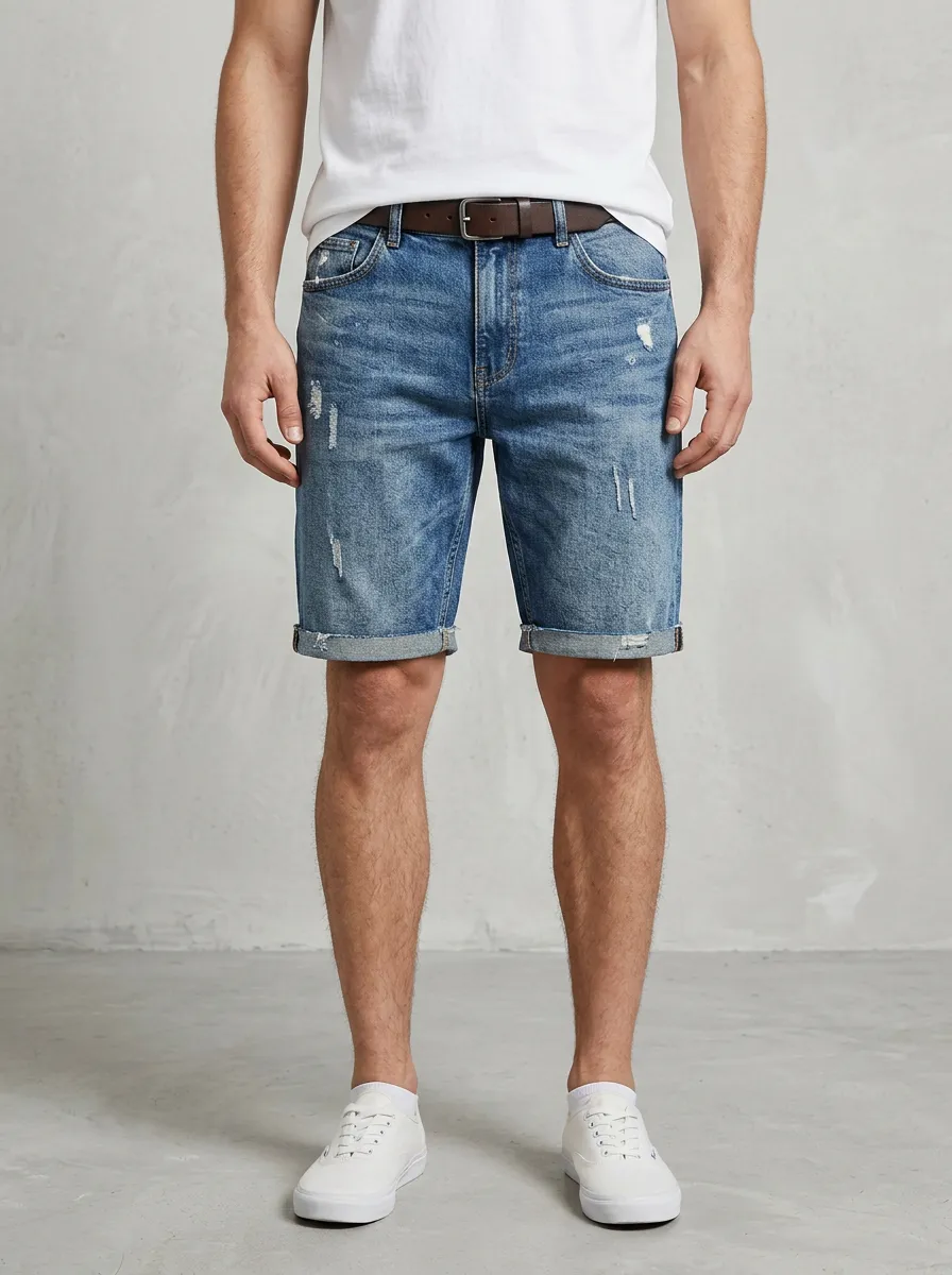 Men's Distressed Raw Hem Distressed Denim Shorts
