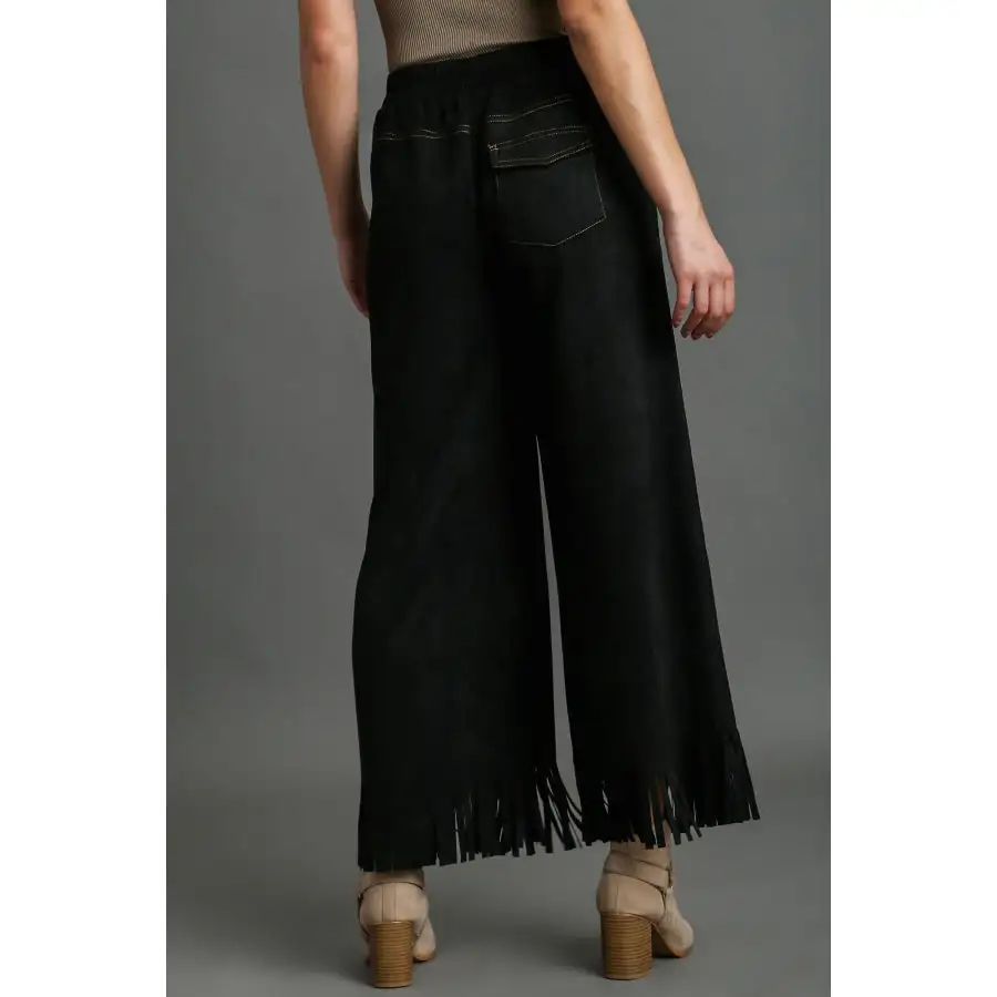Full Size Suede Fringe Hem Wide Leg Pants Plus Size