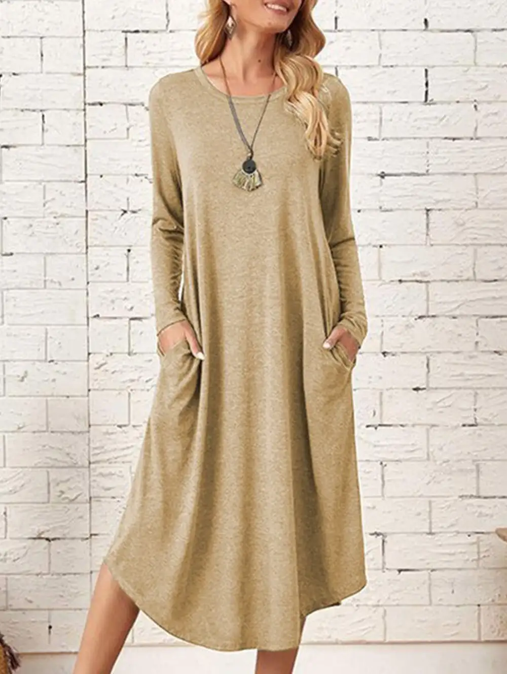 Midi-Length Round Neck Long-Sleeved Dress
