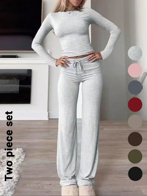 Women's Solid Color Long Sleeve Crop Tee & High-Waisted Drawstring Pants Set, Casual Everyday Slim Fit Outfit for Fall & Winter Seasons