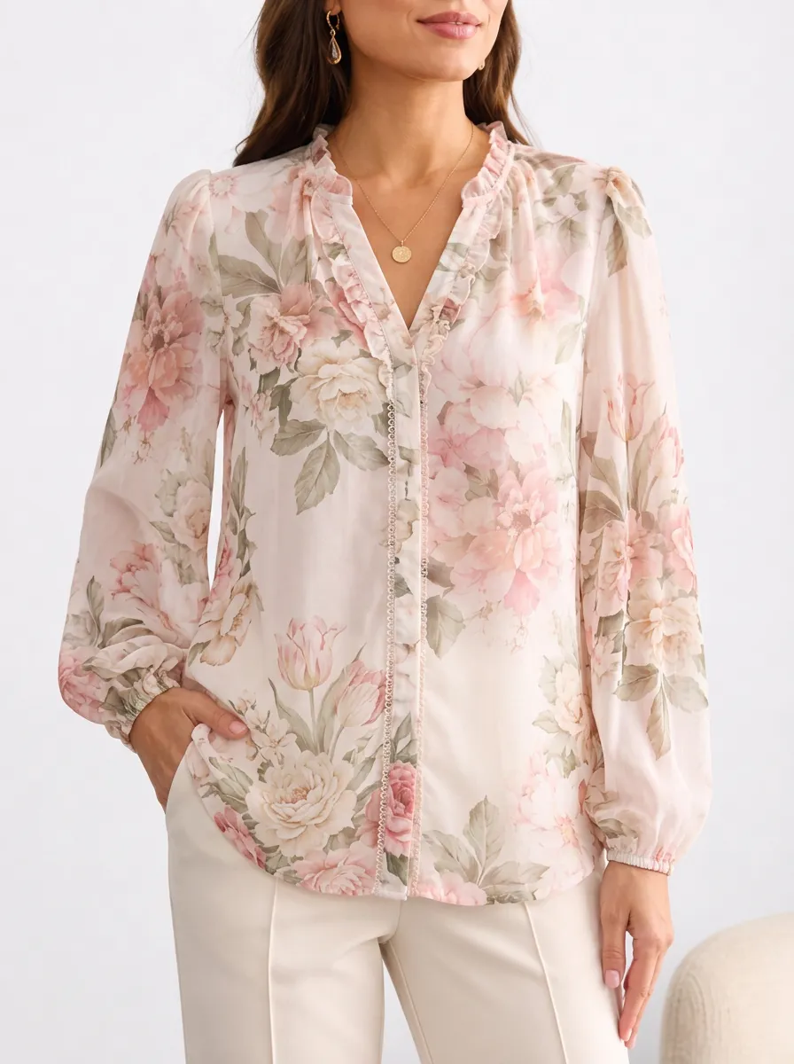 Women's Botanical Floral V Neck Blouse