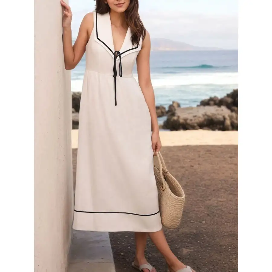 Nautical V-Neck Sleeveless Midi Dress with Contrast Trim