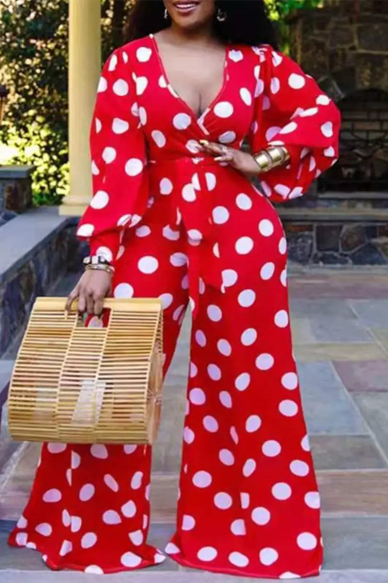Fashion Casual Dot Print Basic V Neck Regular Jumpsuits