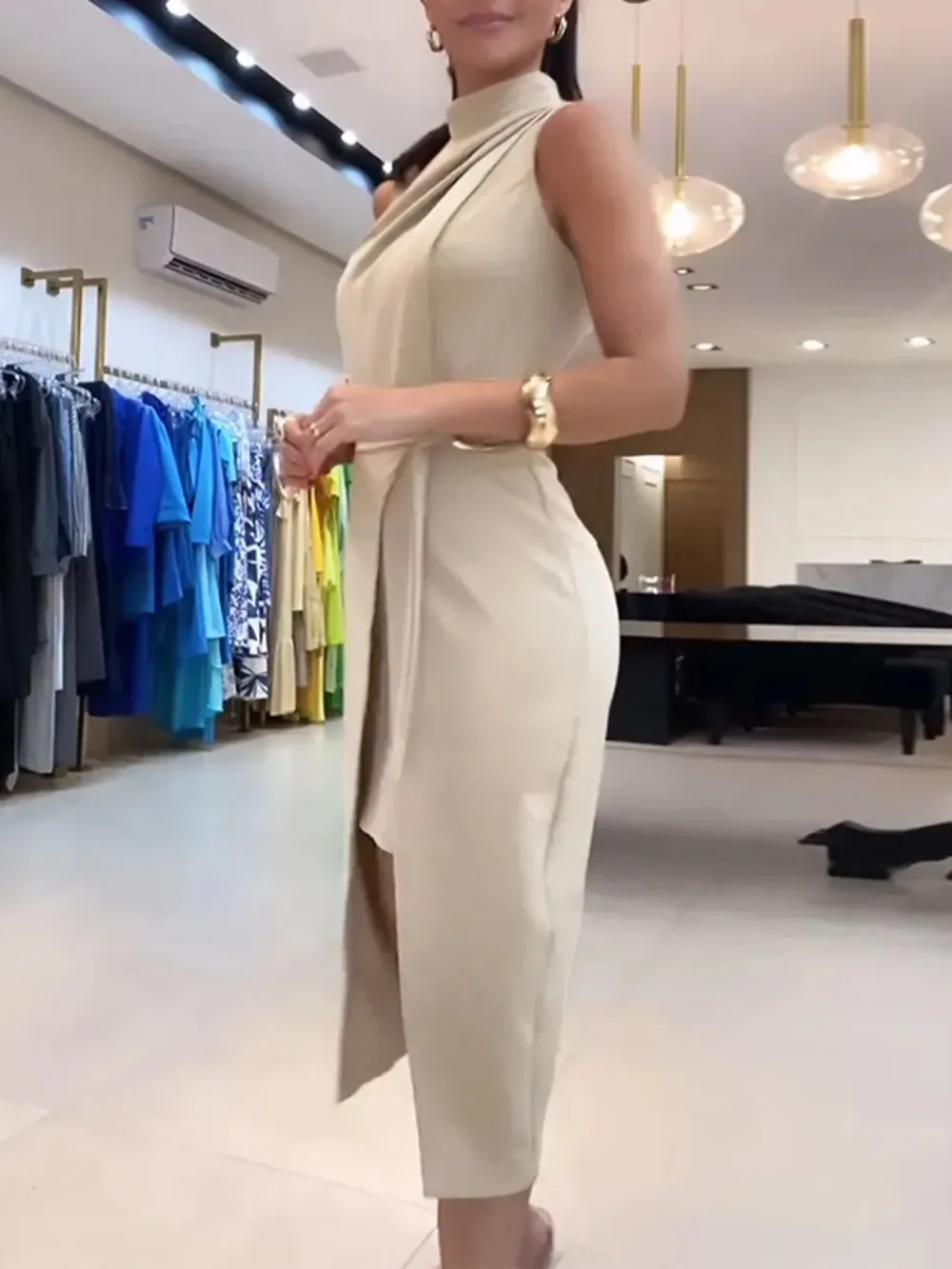 Elegant Stand Collar Fake Two Piece Midi Dress