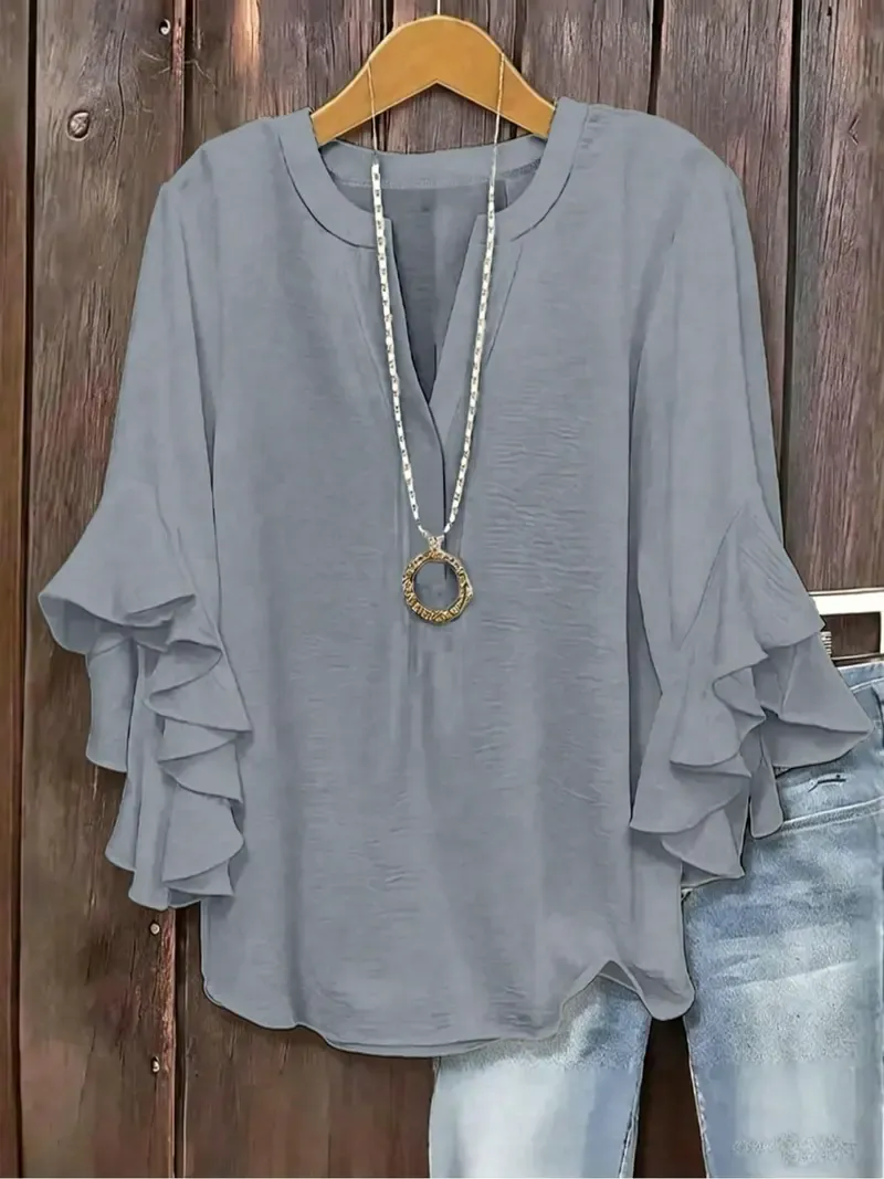Plus-Size Women's Slim-Fit Shirt With Ruffled Sleeves And V-Neck