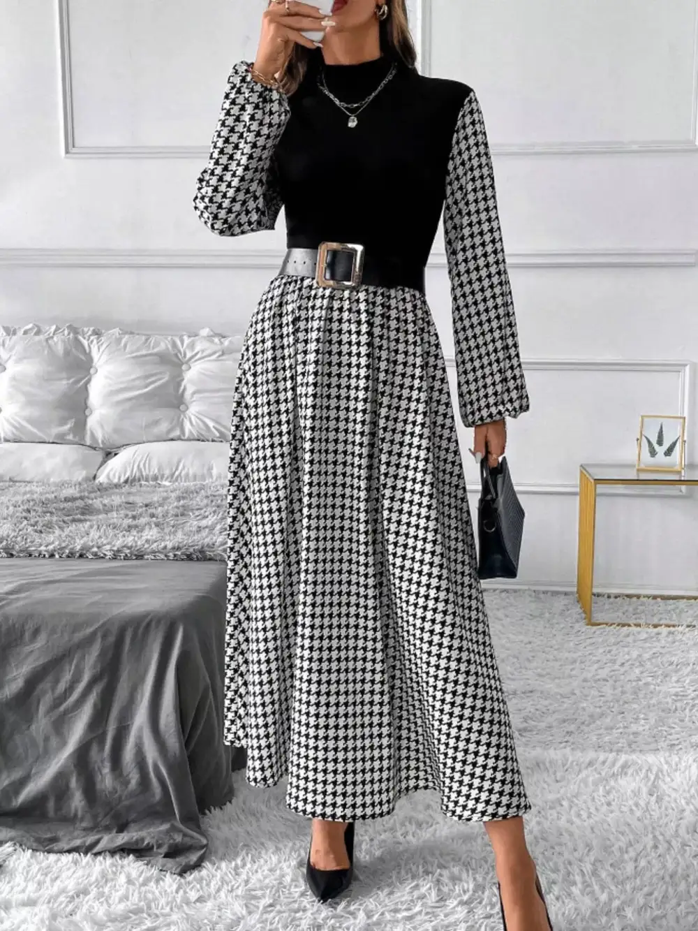 Houndstooth Mock Neck Dress Casual