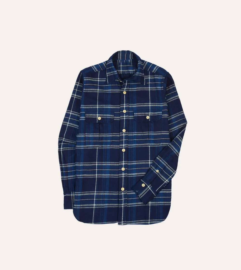 Blue Check Cotton Long Point Collar Work Shirt Casual Style