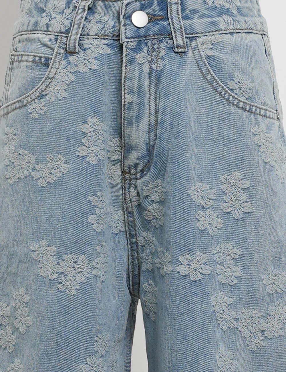 Floral Jacquard Button Pocket Wide Leg Denim Pants