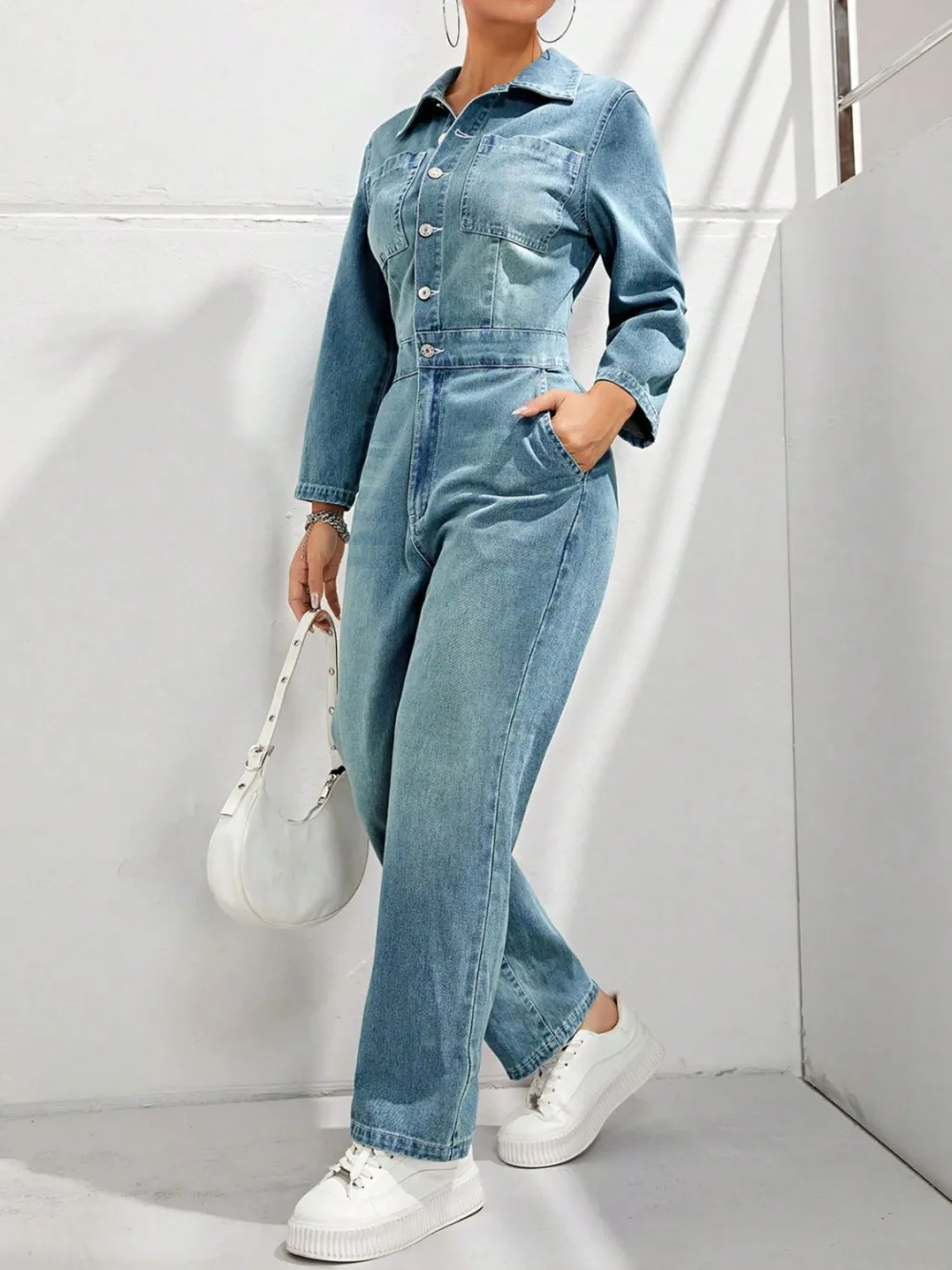 Half Button Long Sleeve Straight Leg Denim Pants