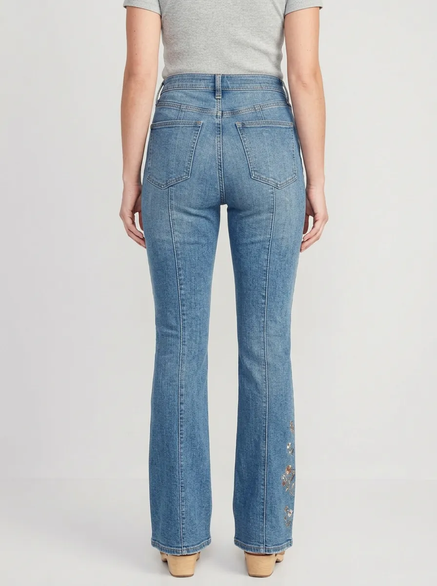 Women's Contemporary Floral Embroidery Floral Embroidered High-Rise Flare Jeans