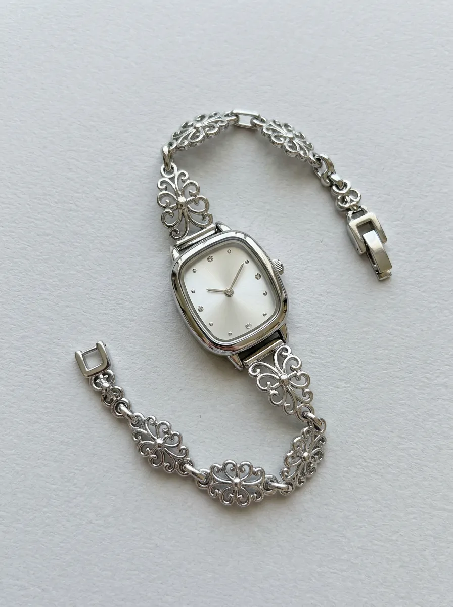 Silver-tone Filigree Link Bracelet Watch