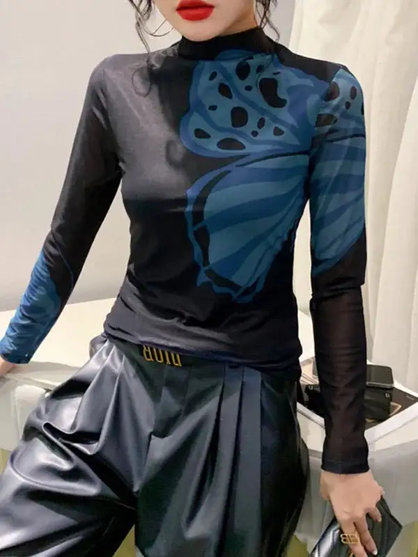 Long Sleeve Slim Fit Butterfly Print Panel Detail Mock Neck T-Shirt