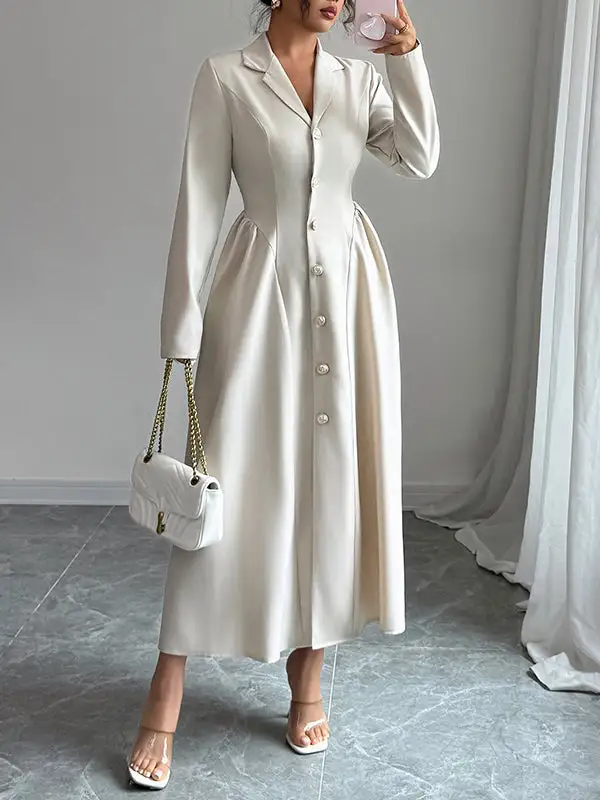 High Pleated Buttoned Shirt Maxi Dress