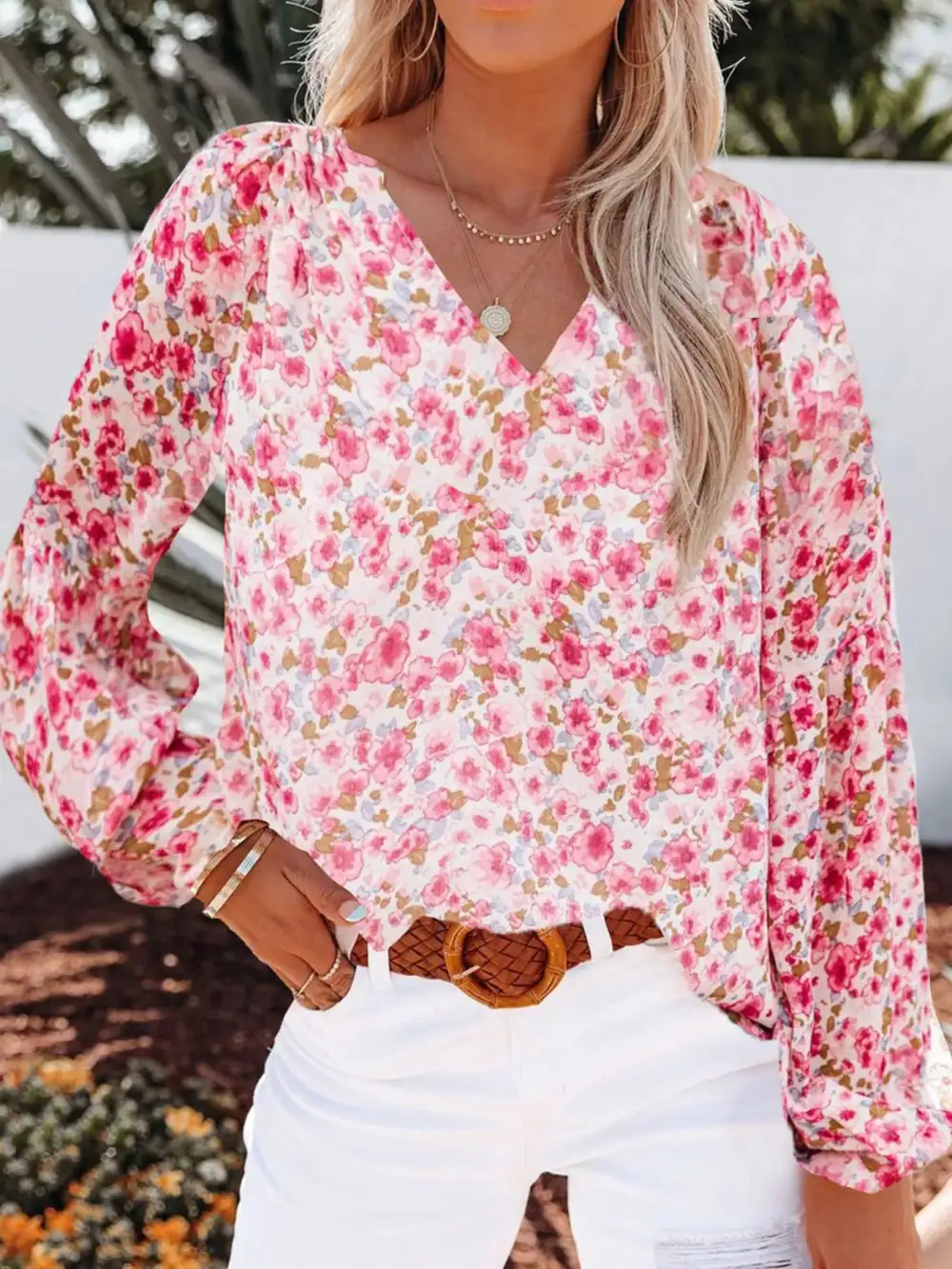 Floral Print V Neck Long Sleeve Blouse