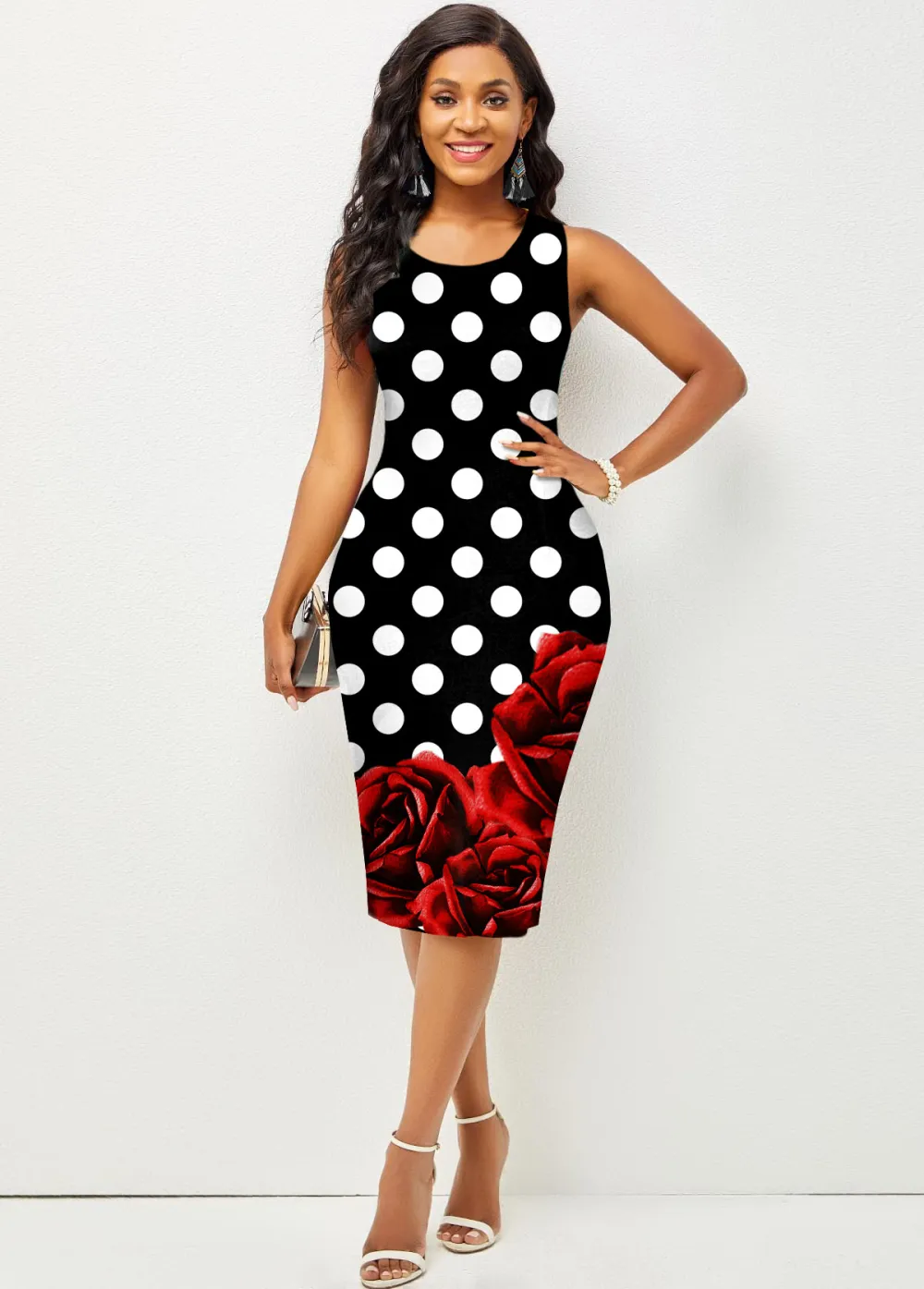 Polka Dot Sleeveless Round Neck Bodycon Dress