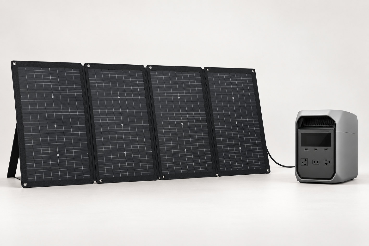 Full unfolded solar panel and a single power station in a clean studio setup