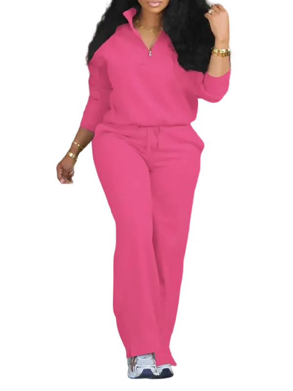 Women's Solid Half Placket Split Hem Pants Set