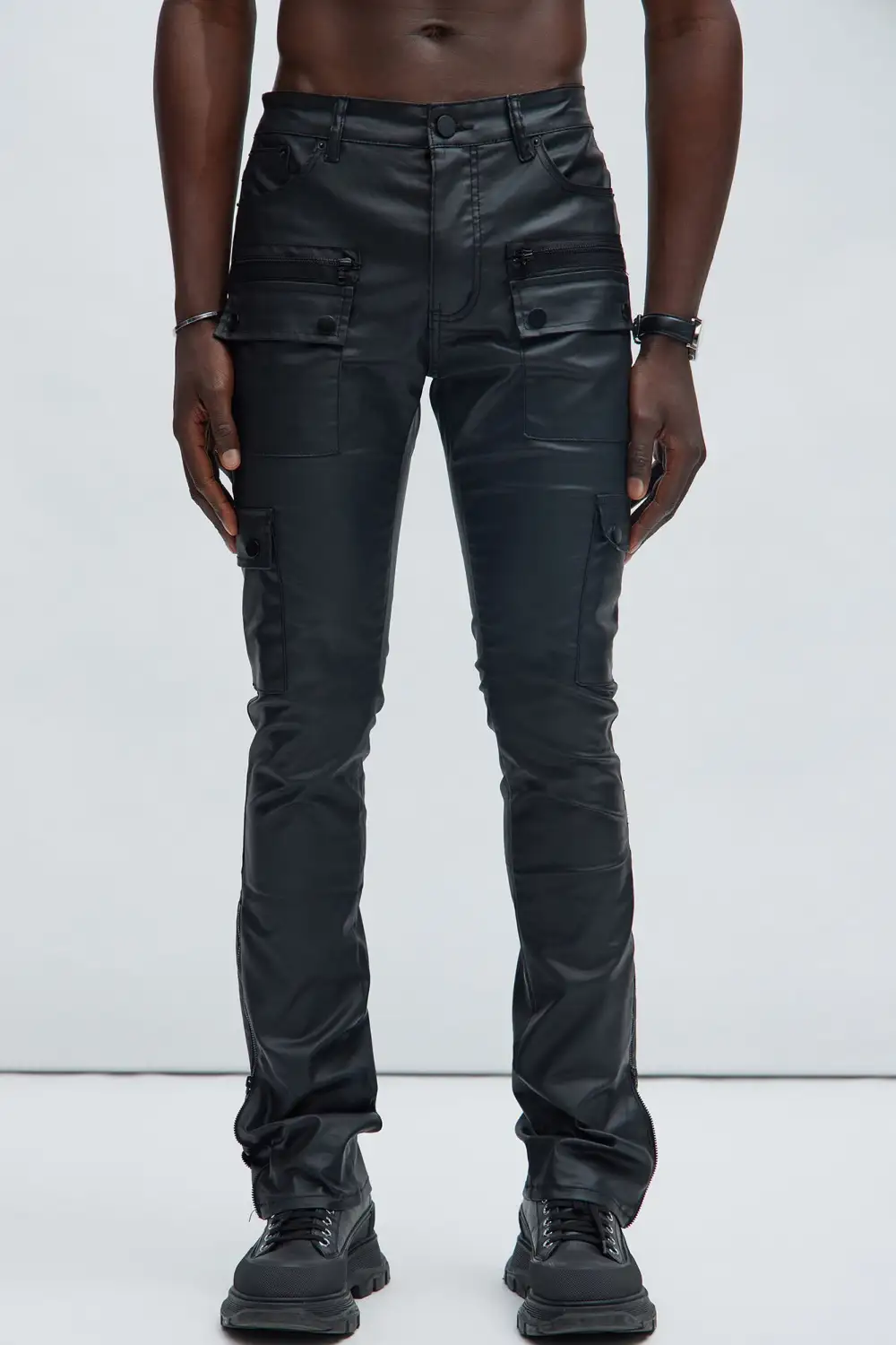 Waxed Cargo Zipper Flare Pants