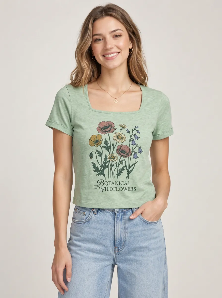 Easy Wear Women's Botanical Wildflower Square Neck Graphic Tee