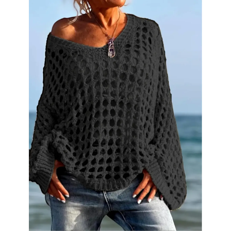 Women's Casual Loose-Fit V Neck Top - Hollow Out Design