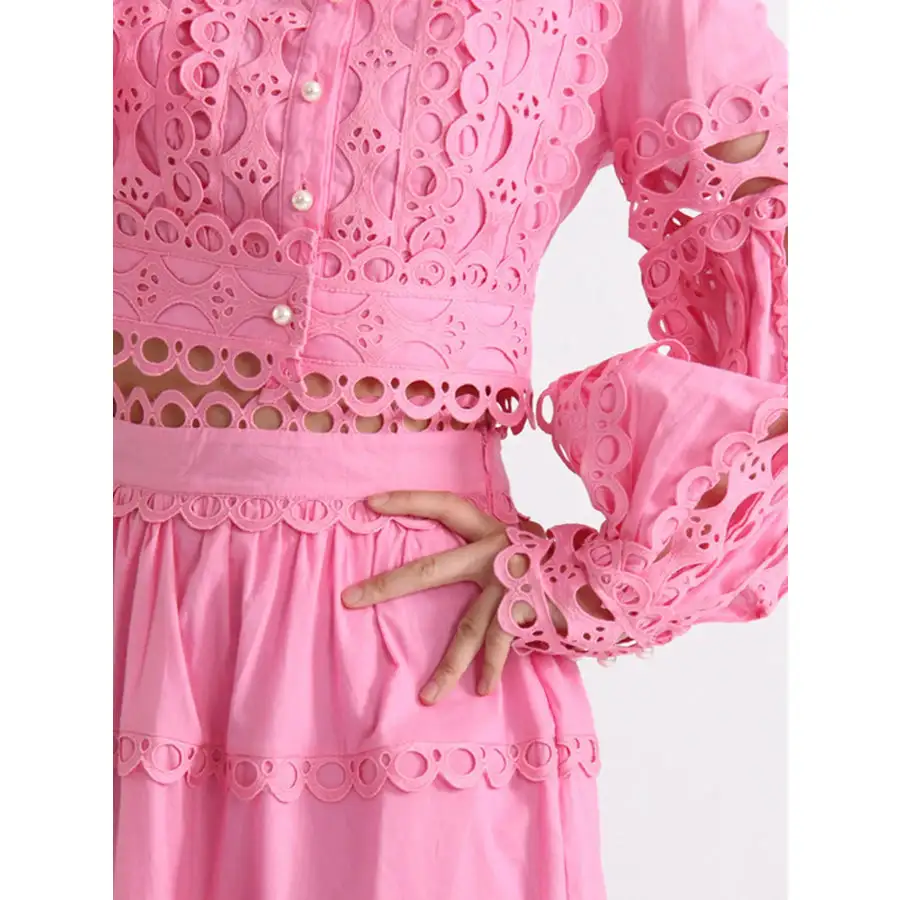Lace Button Up Long Sleeve Top and Skirt Set