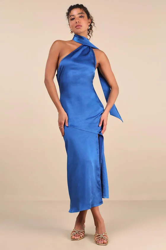 Reglan Blue Satin One-Shoulder Sash Midi Dress