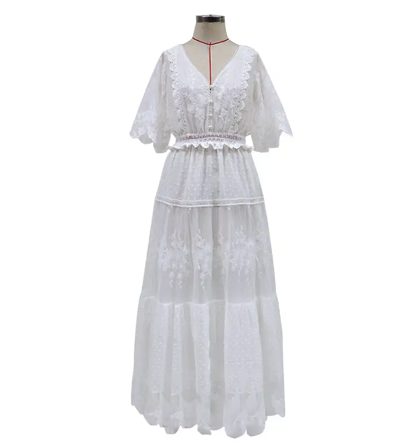 Boho White Solid Short Sleeve Lace Maxi Dress