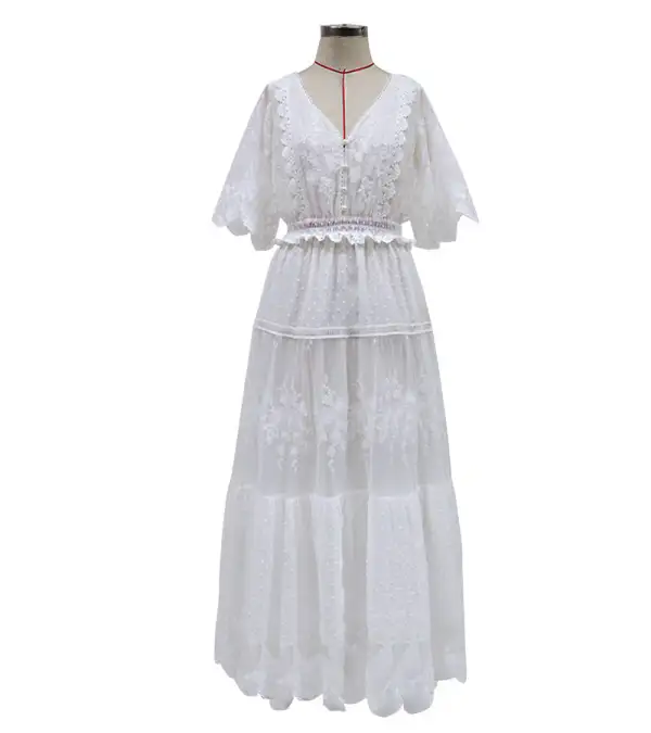 Boho White Solid Short Sleeve Lace Maxi Dress