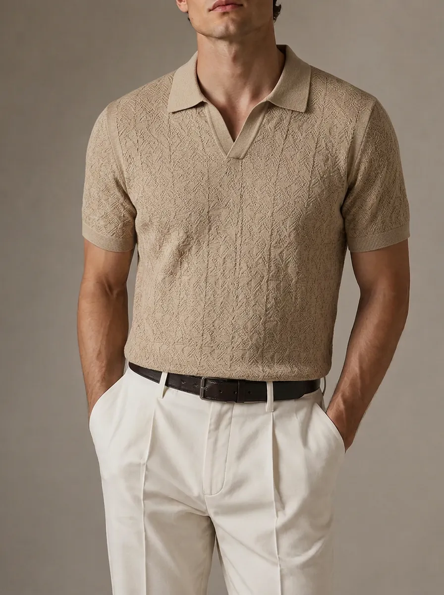 Men's Vintage Geometric Textured Knit Polo Shirt