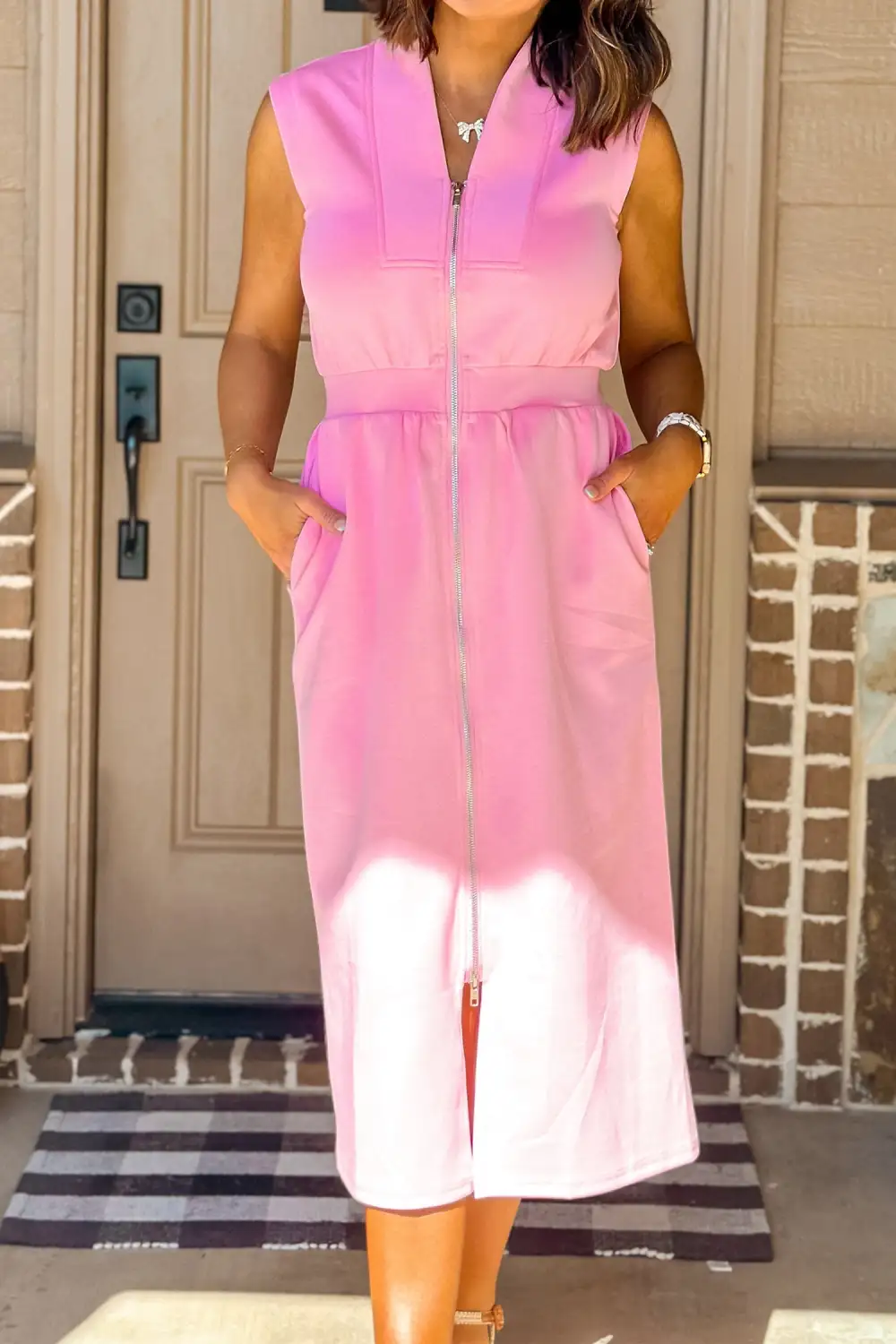 V Neck Zip Front Sleeveless Midi Dress