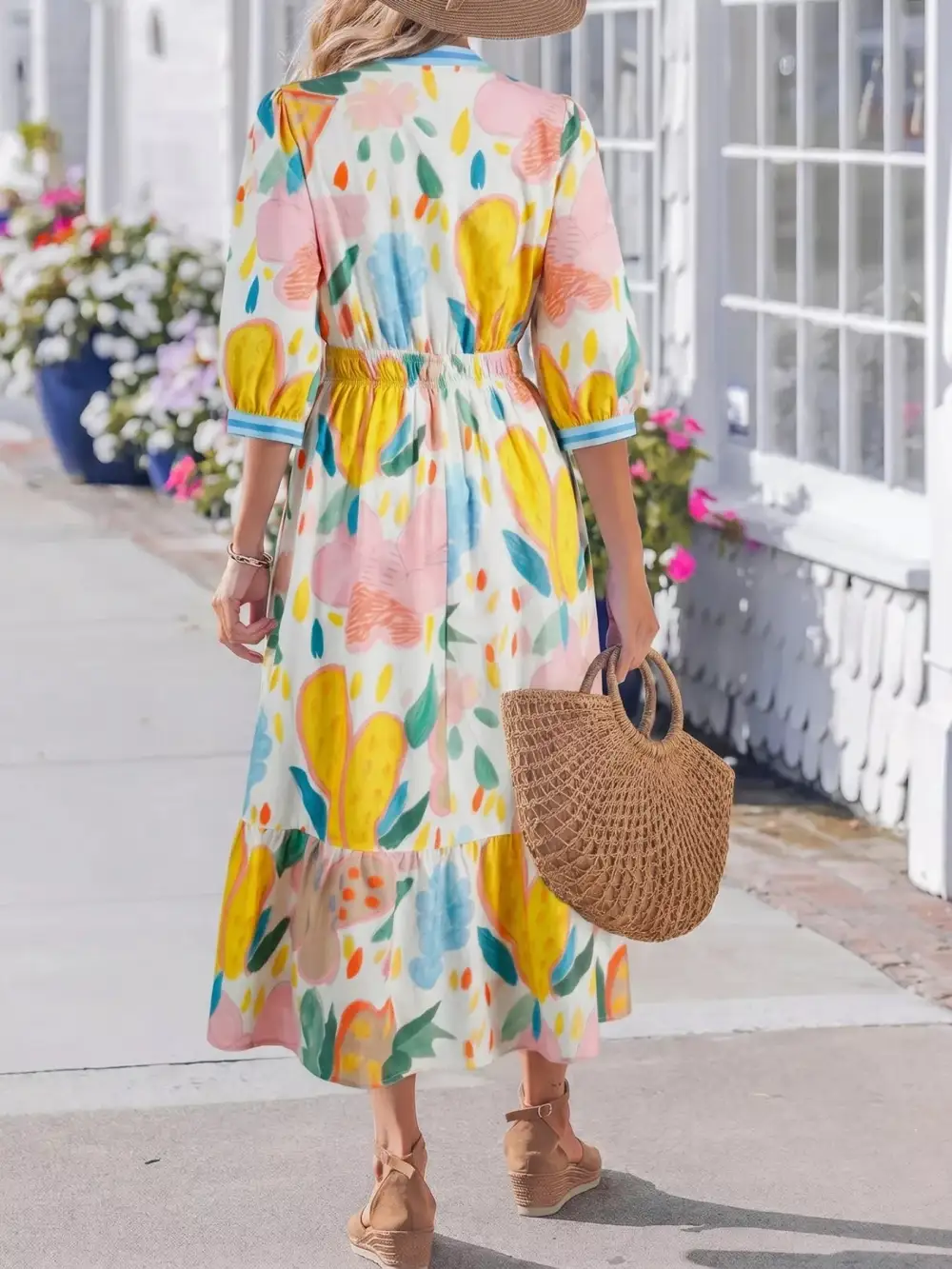 Polished Detail Floral Striped V Neck Midi Dress