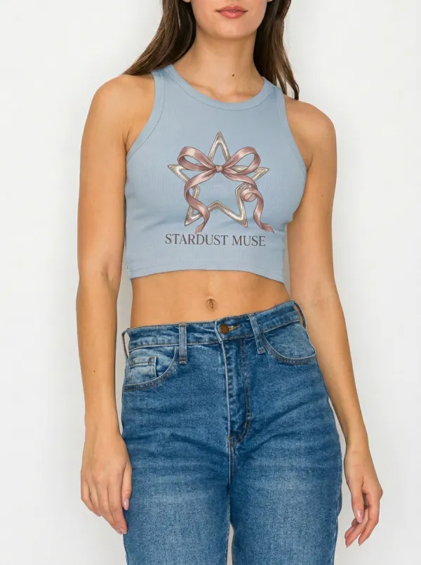 Women's Stardust Muse Star Bow Printed Ribbed Crop Top